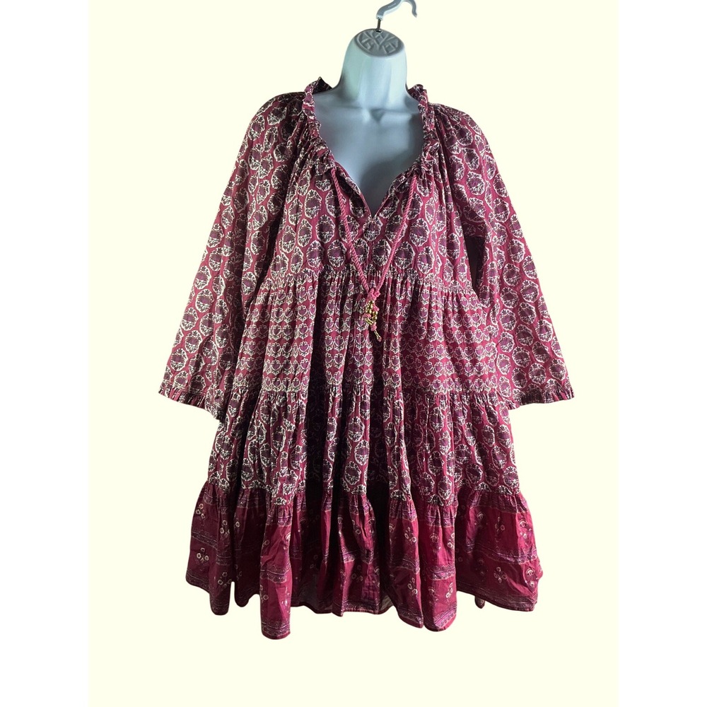 Ros Garden Pink Block Print Tiered Boho Mini Dress Long Sleeve Tassel Small